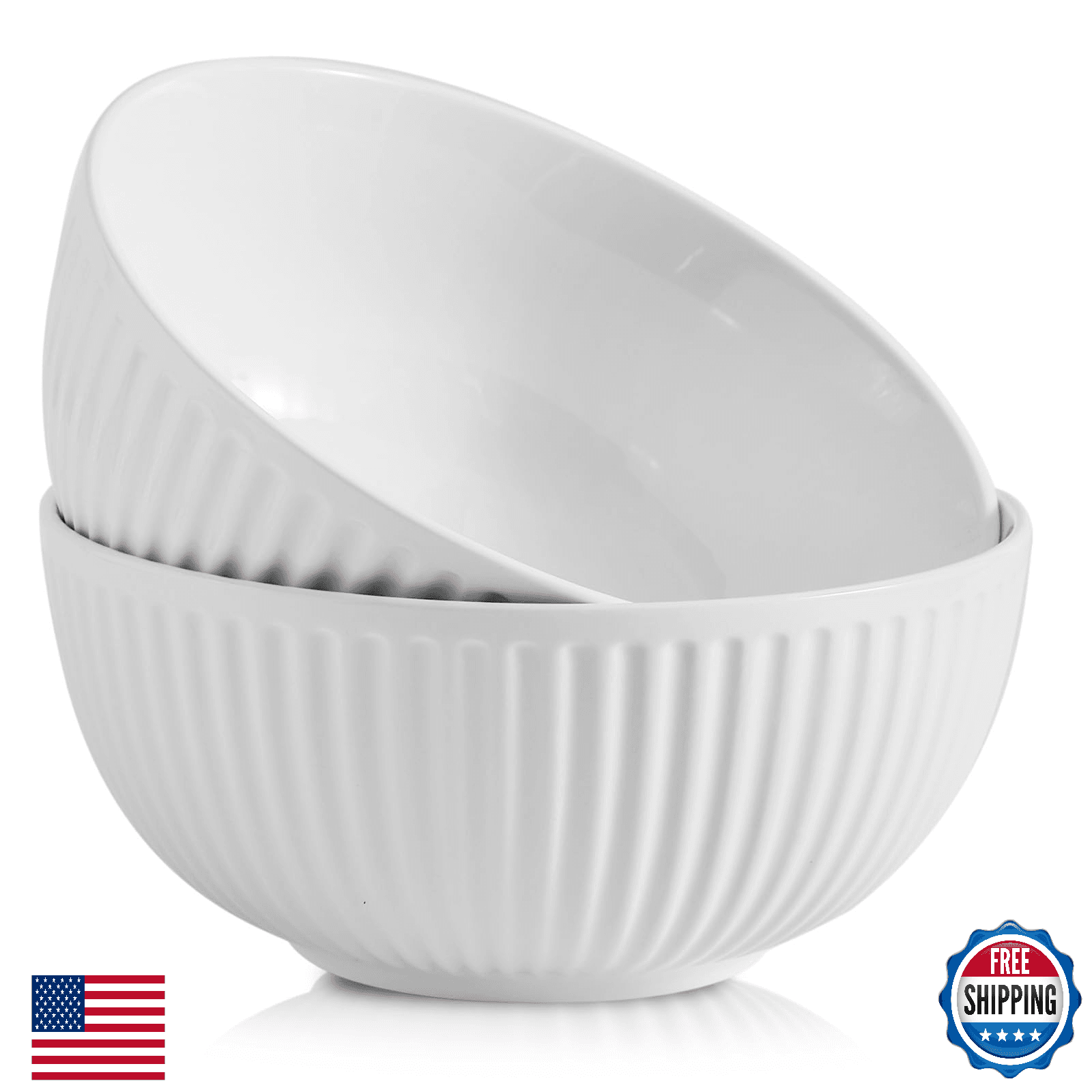 HASENSE 2-Pack 60 Oz Porcelain Salad Serving Bowls, 8 Inch, Ribbed Design - Image 1