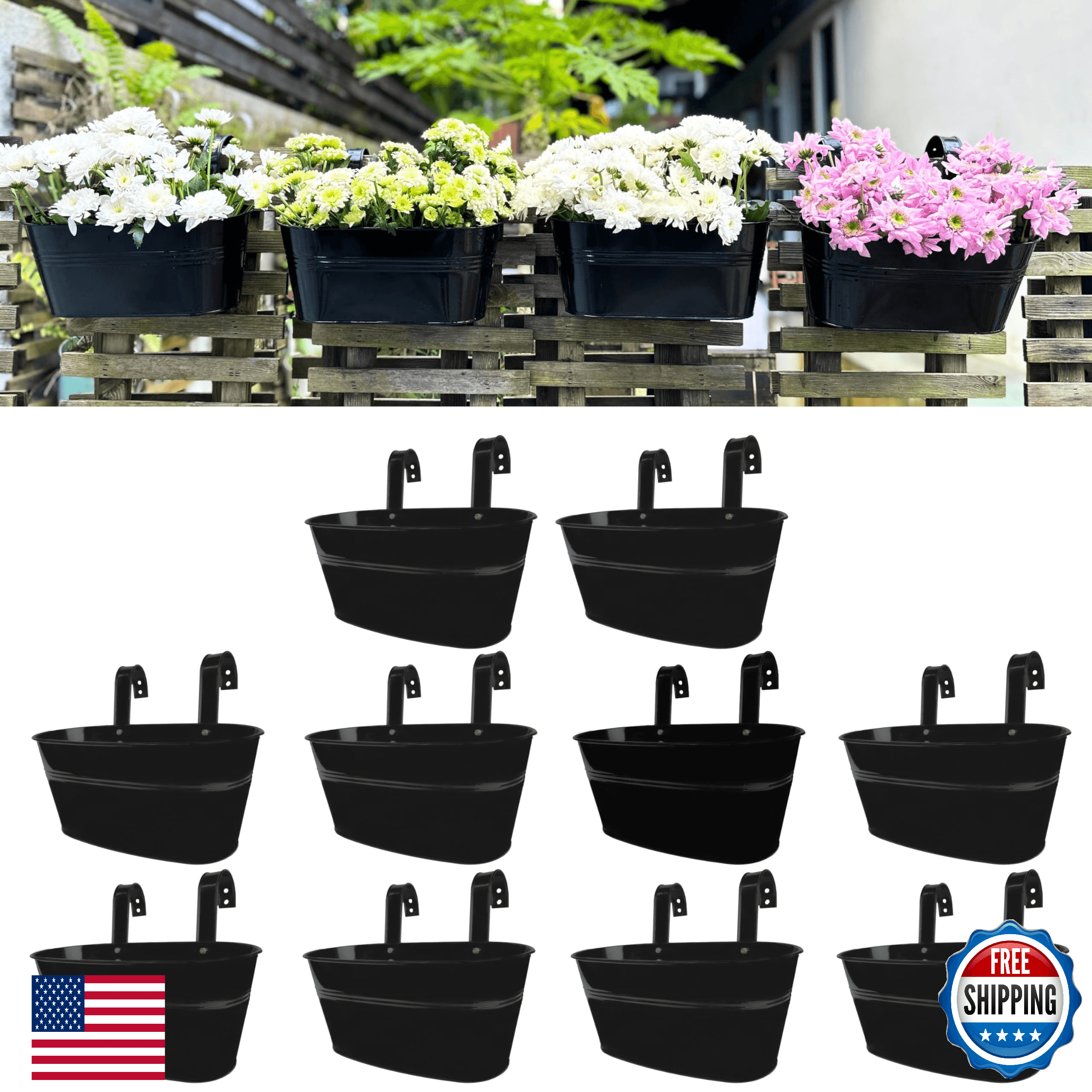 LaLaGreen 10-Pack Black Metal Rail Planters 11.2" - Hanging Flower Pots w/Draina