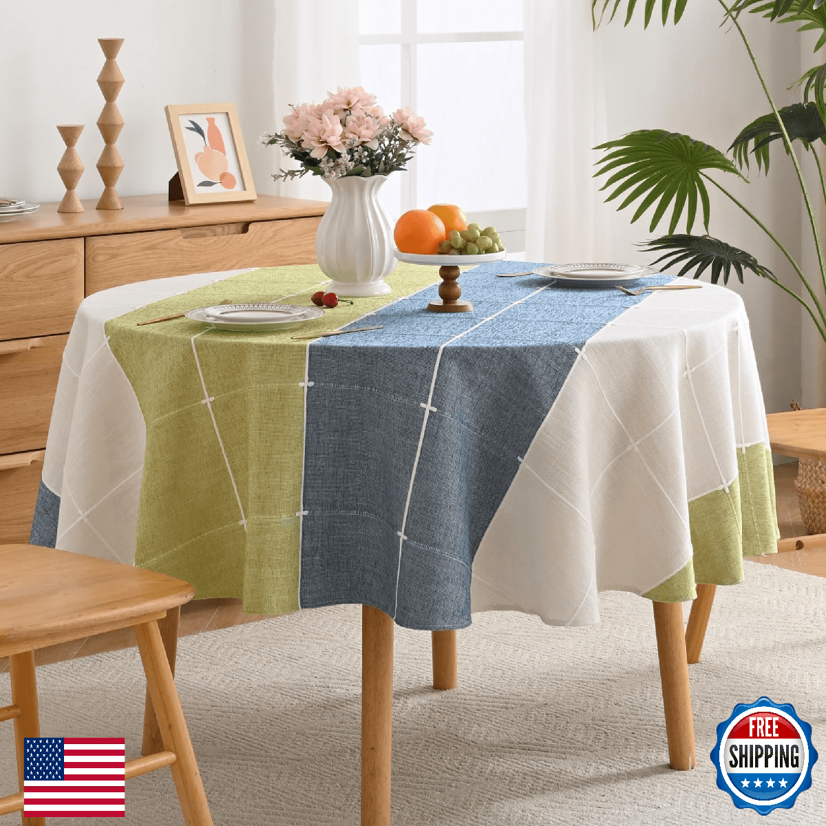 Yomeri Lattice Embroidery Plaid Round Tablecloth, Heavy Duty Cotton Linen Fabric - Image 1
