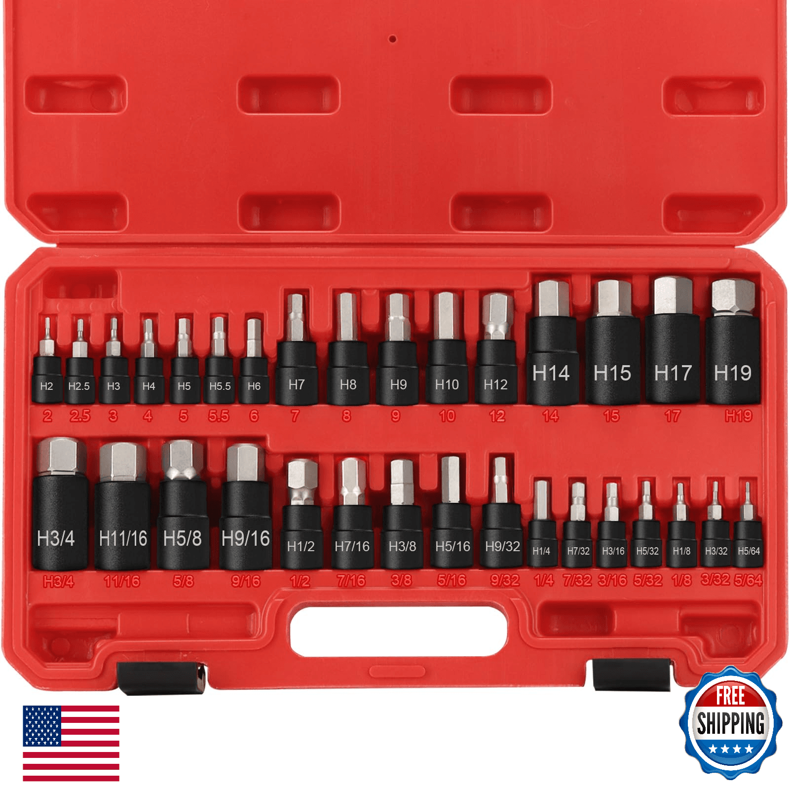 RIMKOLO 32-Pc Impact Hex Bit Socket Set SAE/Metric 1/4 3/8 1/2in Drive S2 - Image 1