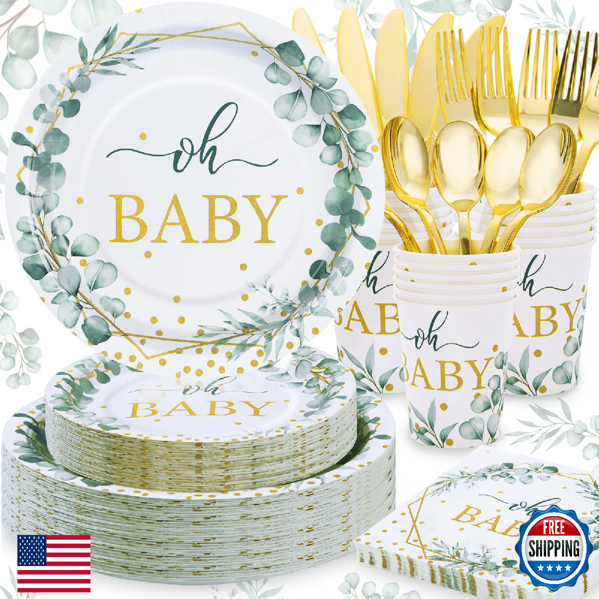 Gudvilla 168pc Sage Green Neutral Baby Shower Decorations Plates Cups Napkins - Image 1
