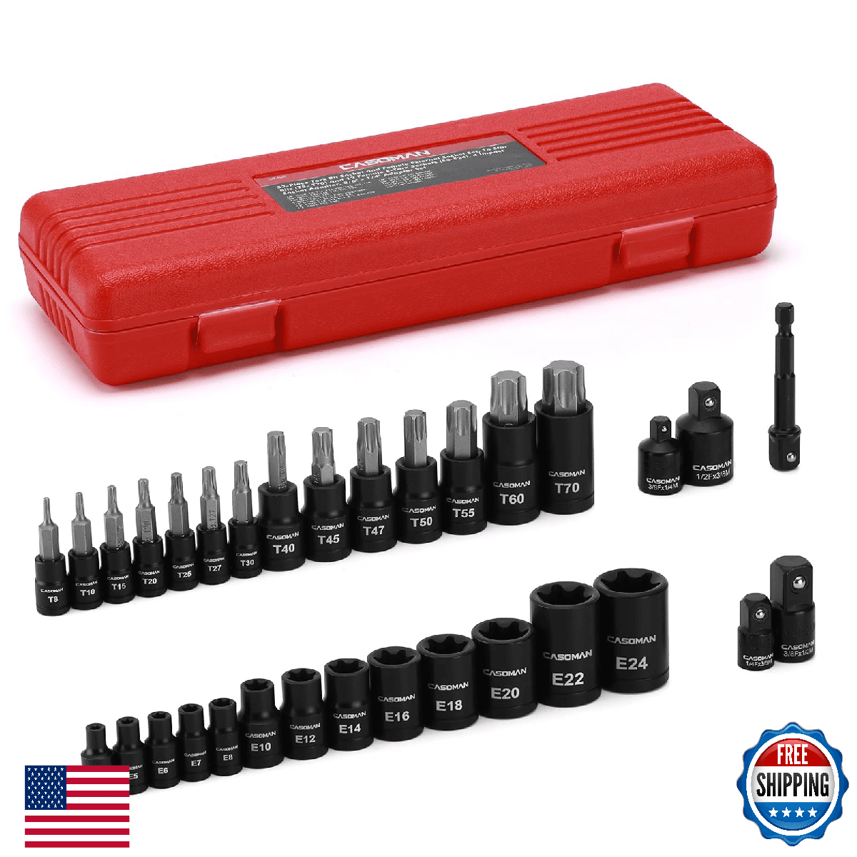 CASOMAN 32-PC Torx Bit Socket & E-Torx Set, CV Steel, T8-T70, E4-E24 - Image 1
