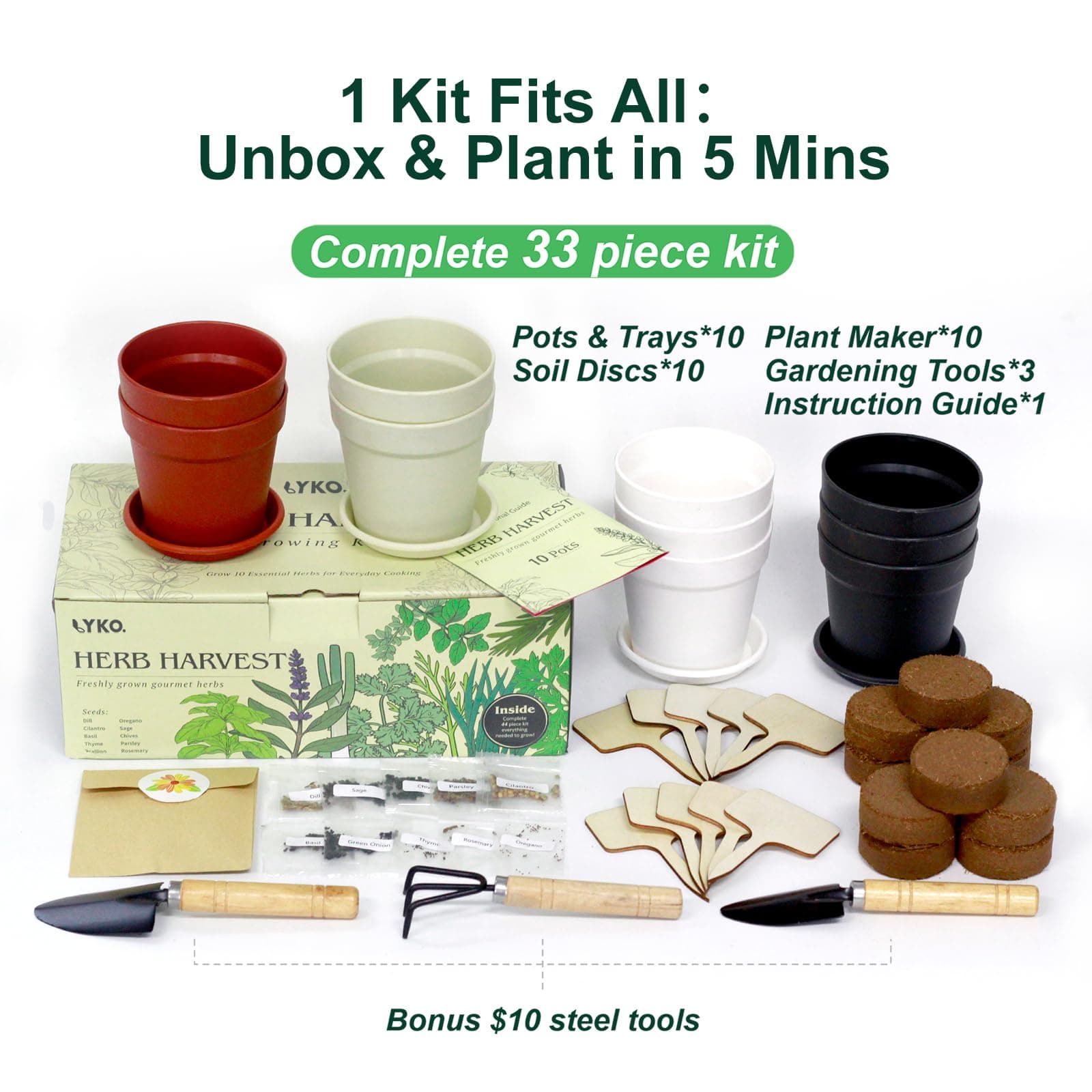 10 Indoor Herb Garden Kit, 33pcs Complete Kitchen Herb Starter Set Including 4-C - Thumbnail 3