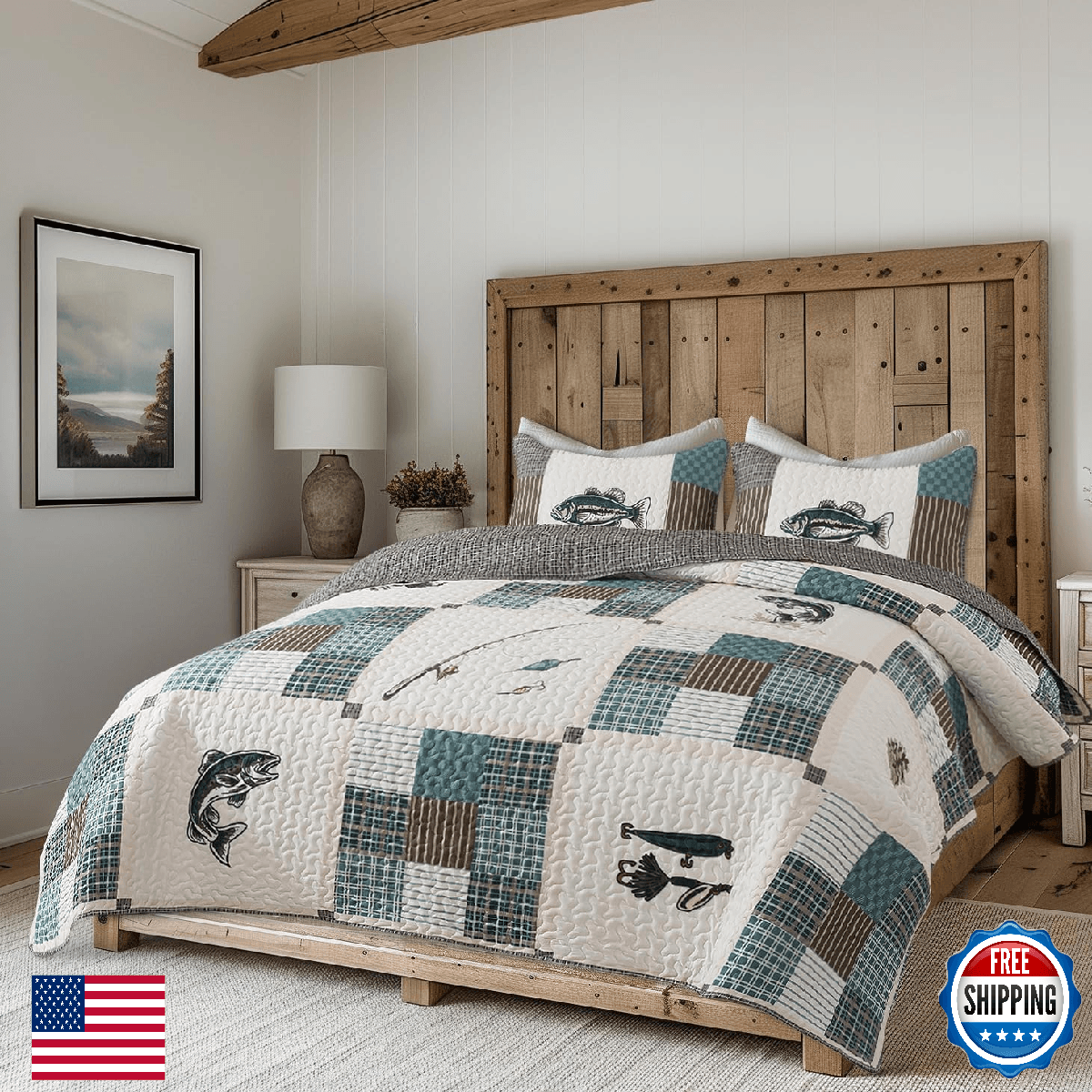 Soul & Lane Fishing Quilt Set – Queen and 2 Shams, Cozy Lake Bedding for Lodge o - Image 1