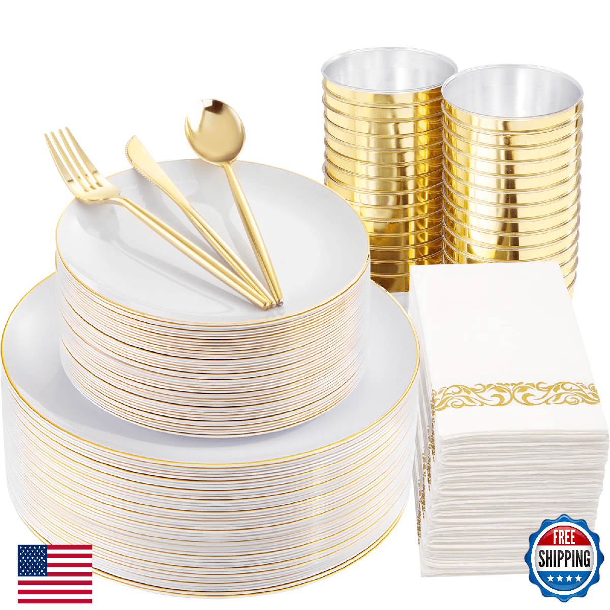 MirthMood 210Pcs Gold White Disposable Plastic Plates Set Party Dinnerware - Image 1