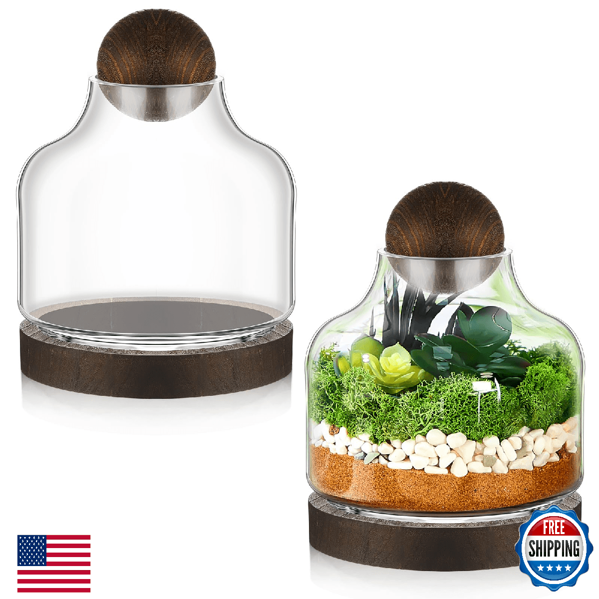 Sunnychicc 2-Pack Glass Terrarium w/ Wood Base & Ball Lid - Elegant Display Jar - Image 1
