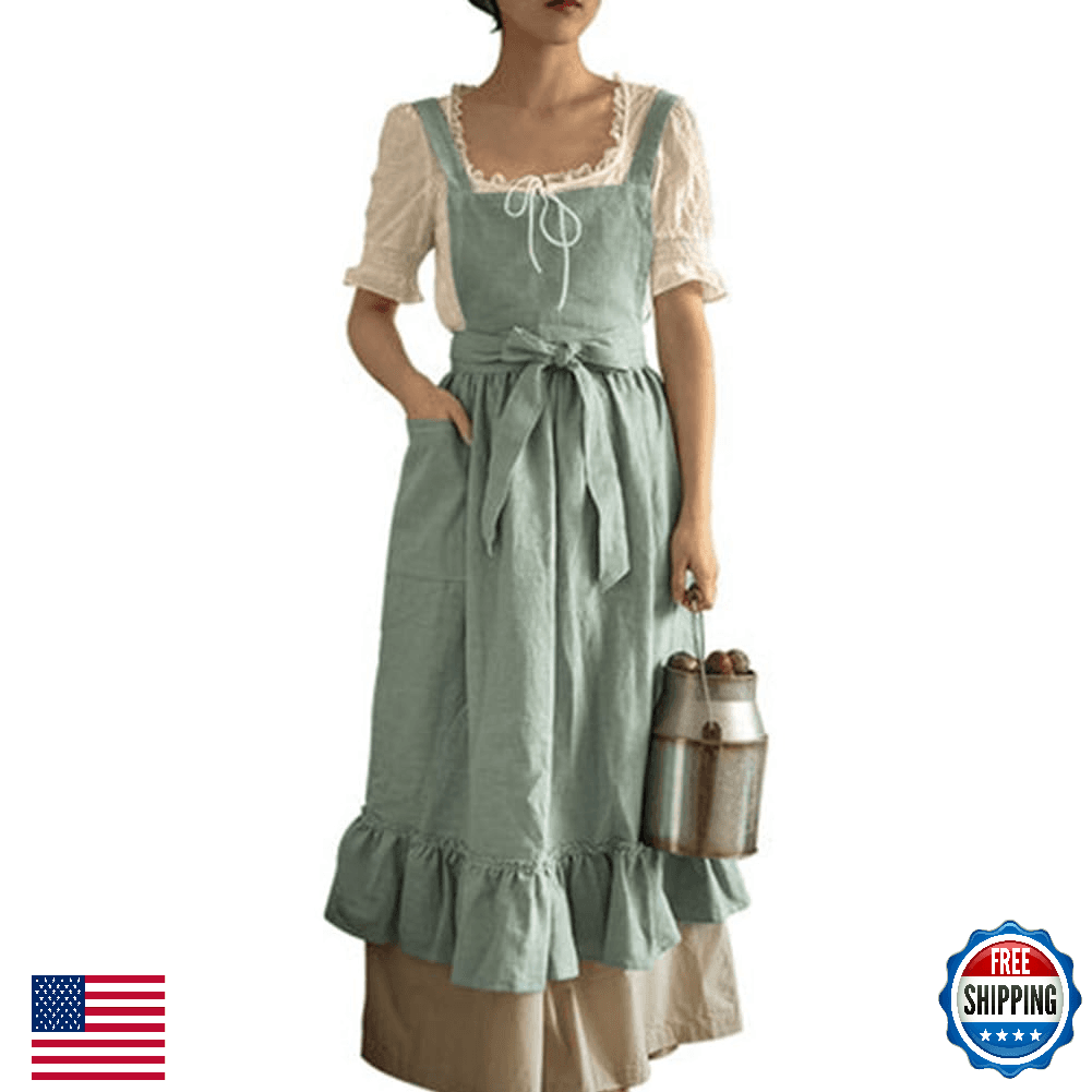 Womens Girls Cotton Linen Kitchen Cooking Apron Dress with Pockets Ruffle Crossb - Image 1
