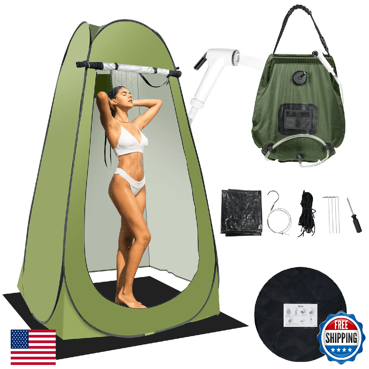 Portable Camping Shower Tent Kit Pop Up Privacy Changing Room Solar Heated Bag - Image 1
