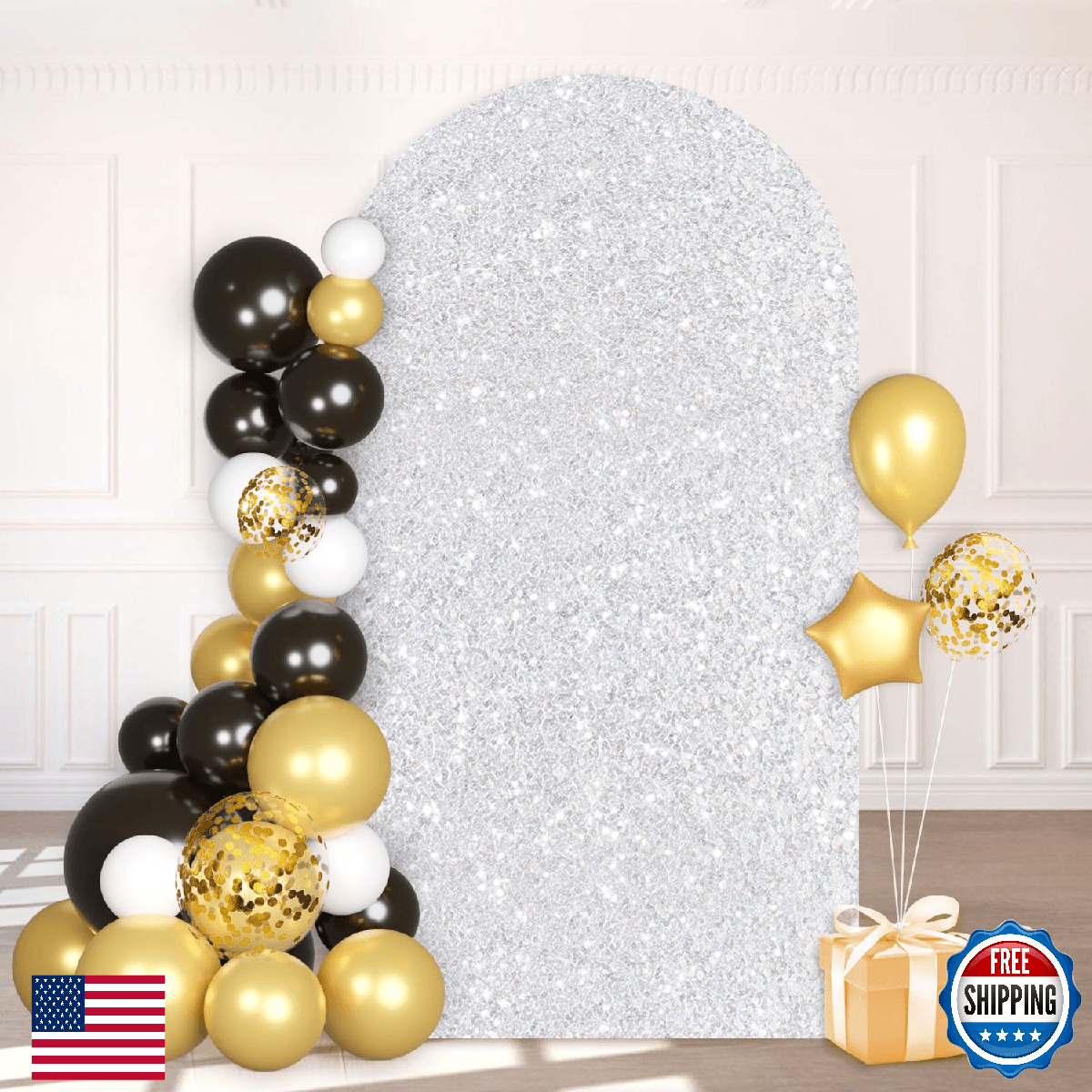PATYDEST 7.2FT Silver Sequin Spandex Fitted Wedding Arch Cover Chiara Wall - Image 1