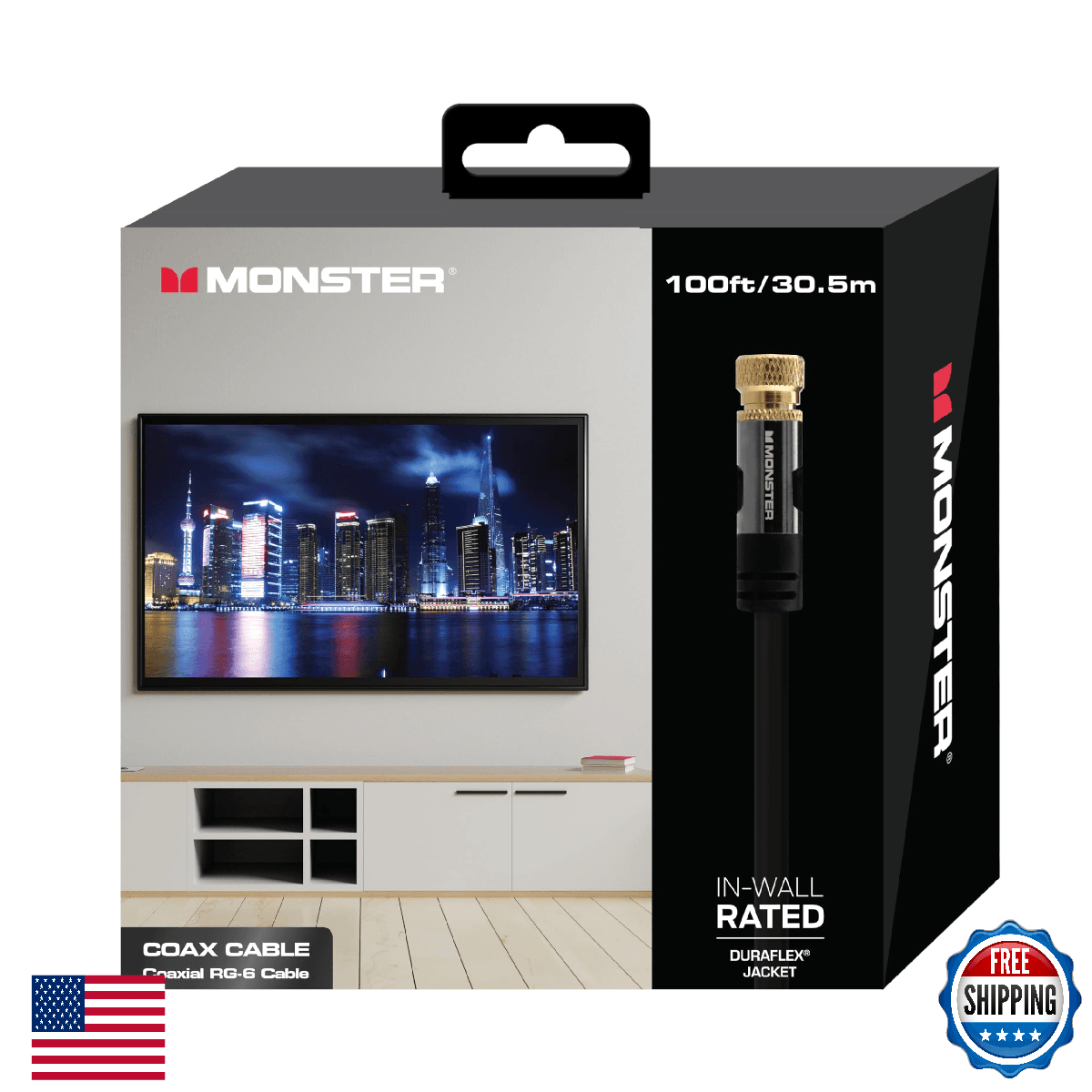 Monster 100 Foot RG-6 Quad Shield Coaxial Cable for High-Speed Internet, TV - Du - Image 1