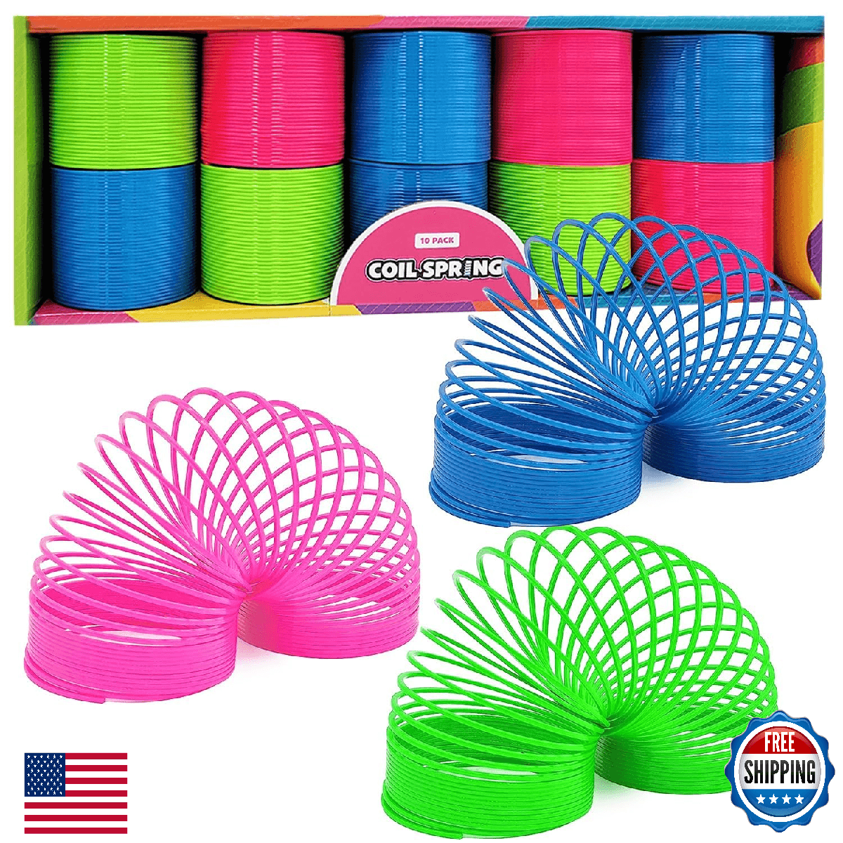 The Dreidel Company Neon Plastic Multicolor Coil Spring Toy 3" (80mm) 10-Pack - Image 1