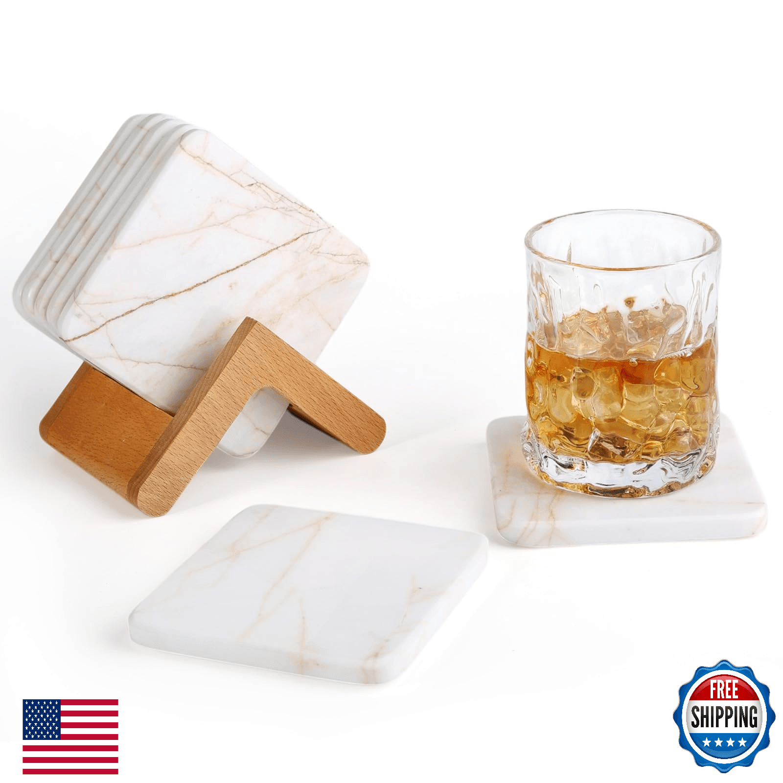 Koville 5-Pc Marble Coaster Set 4" Square Drink Coasters w/ Holder Home Office - Image 1