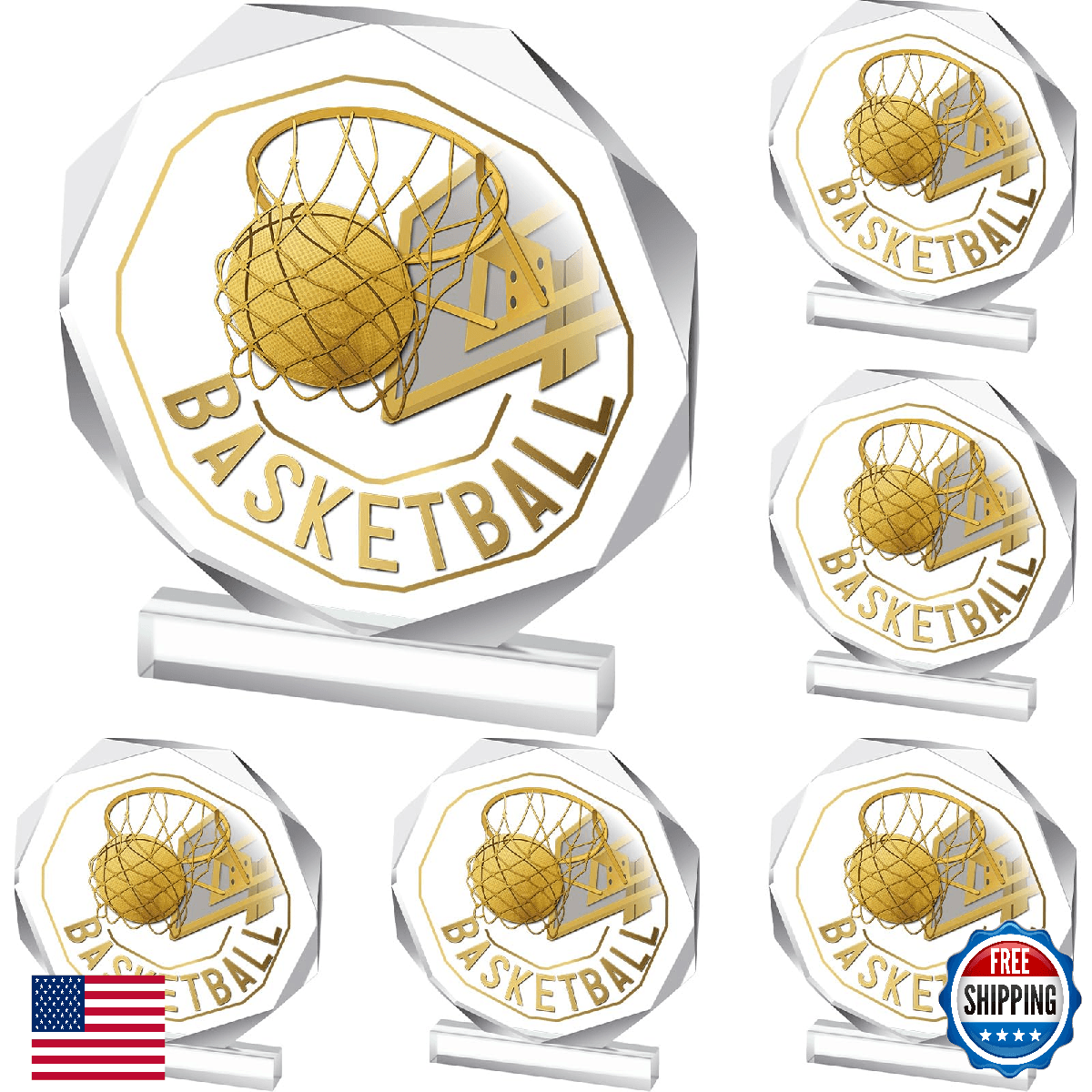 Anglechic 6 Pack Acrylic Basketball Trophies Award Medals 4.72x4.72 In - Image 1