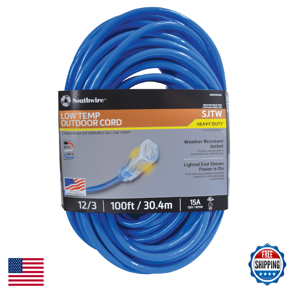 Southwire Coldflex 12/3 Heavy-Duty Extension Cord, 100Ft, Cold Weather Cord, SJT - Image 1