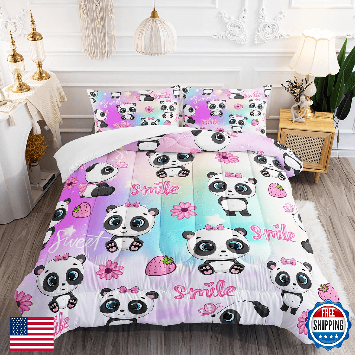 XYNHML Kawaii Black White Panda Flower Comforter 3Pcs Full Tie Dye Wild Animal B - Image 1