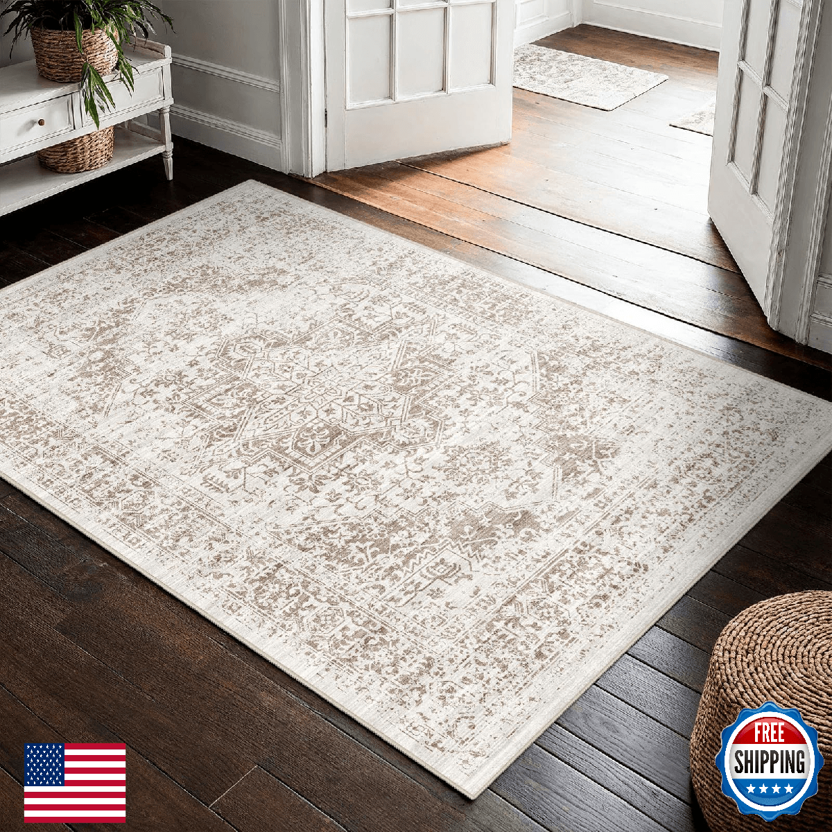 Washable 3x4 Area Rug for Entryway - Kitchen Non Slip Low-Pile Rugs Vintage Soft - Image 1