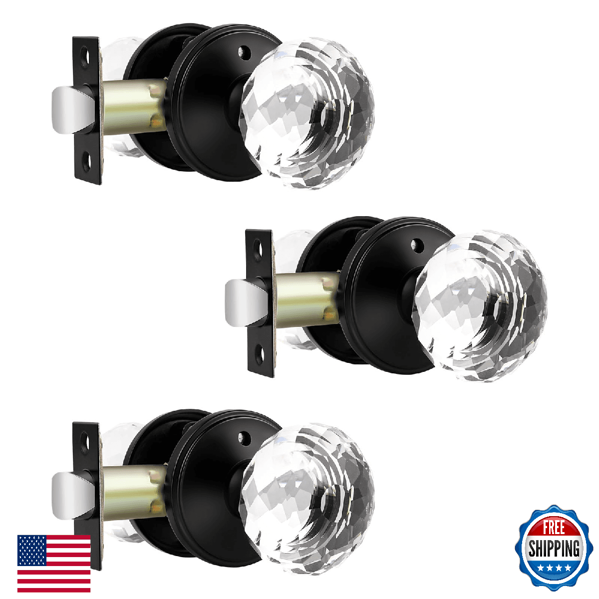 Lepushom 3 Pack Crystal Door Knobs Interior, Elegant Matte Black Glass Door Knob - Image 1