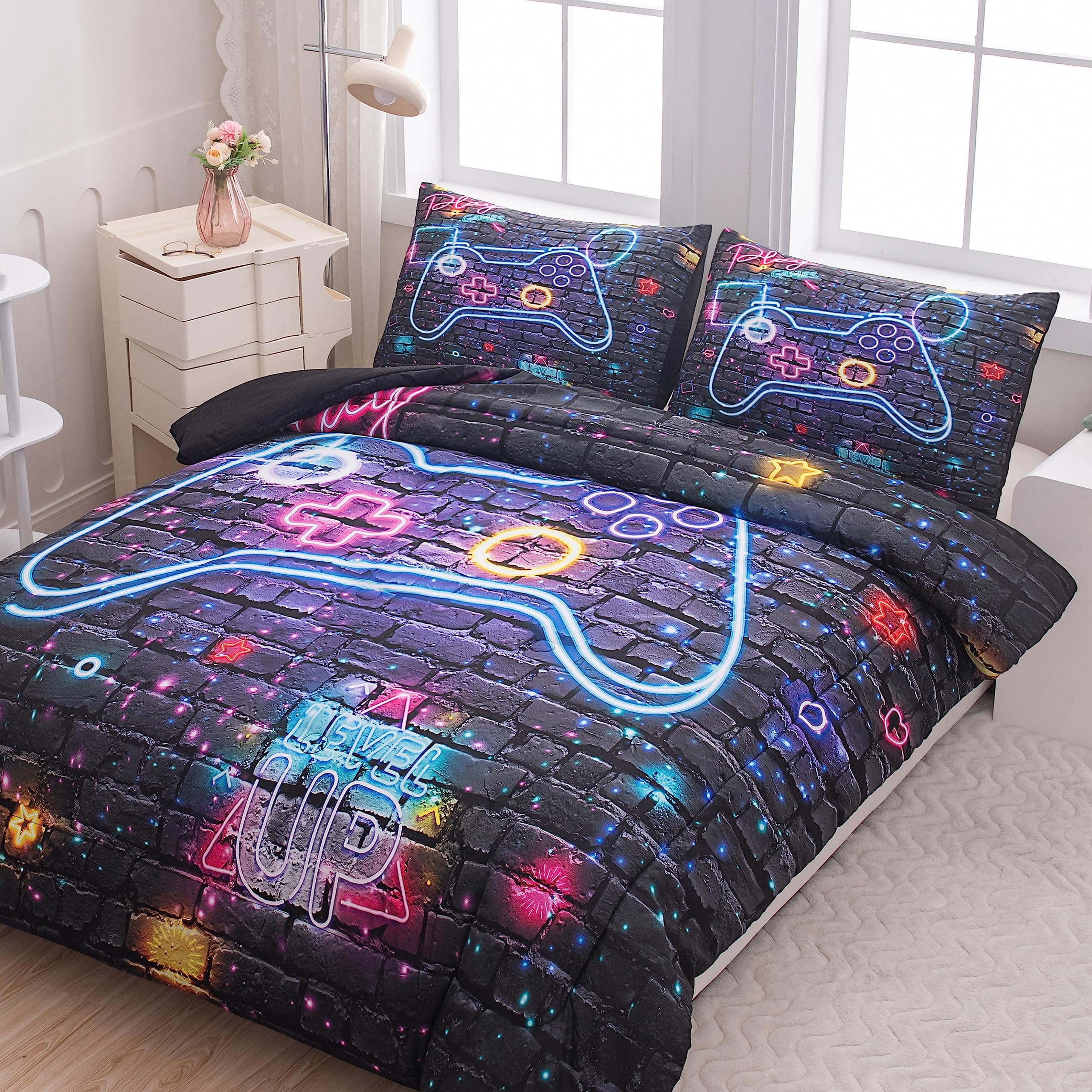 NINENINE Gaming Bedding Sets Boys Teens Queen Comforter Bed in Bag 5PCS Black - Image 1