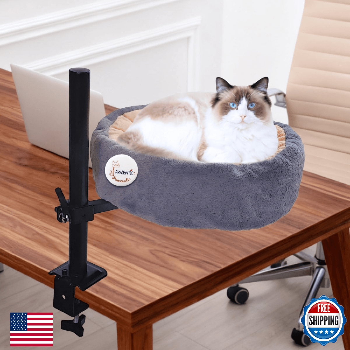 17.5" Large Cat Desk Bed One-Button Lift & Rotate Extra Thick Plush Faux Fur Pet - Image 1