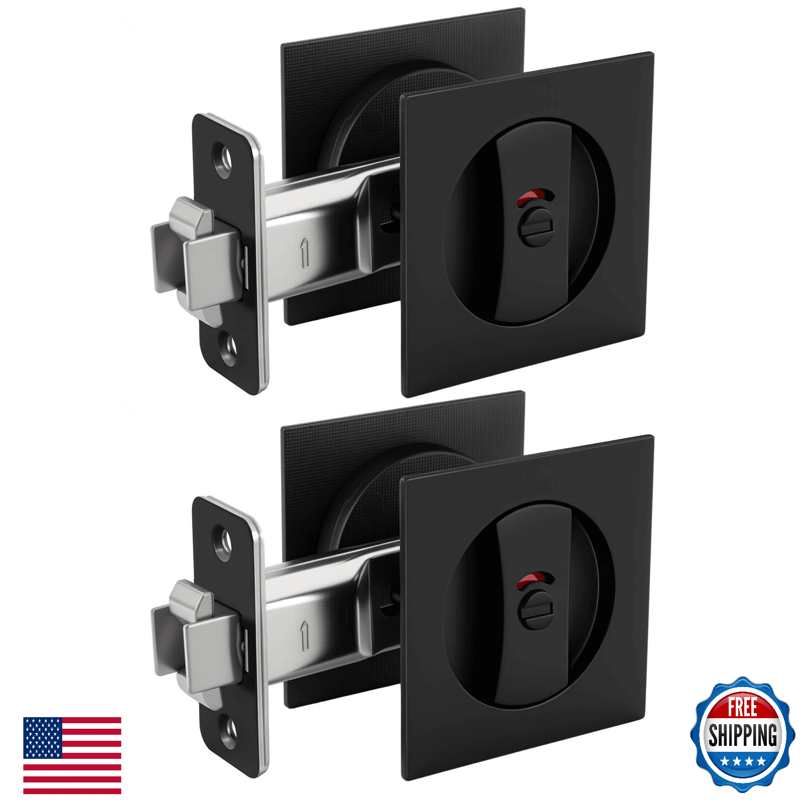 GoldenWarm Matte Black Square Pocket Door Lock, 2-Pack, 2-1/8" Round Bore - Image 1