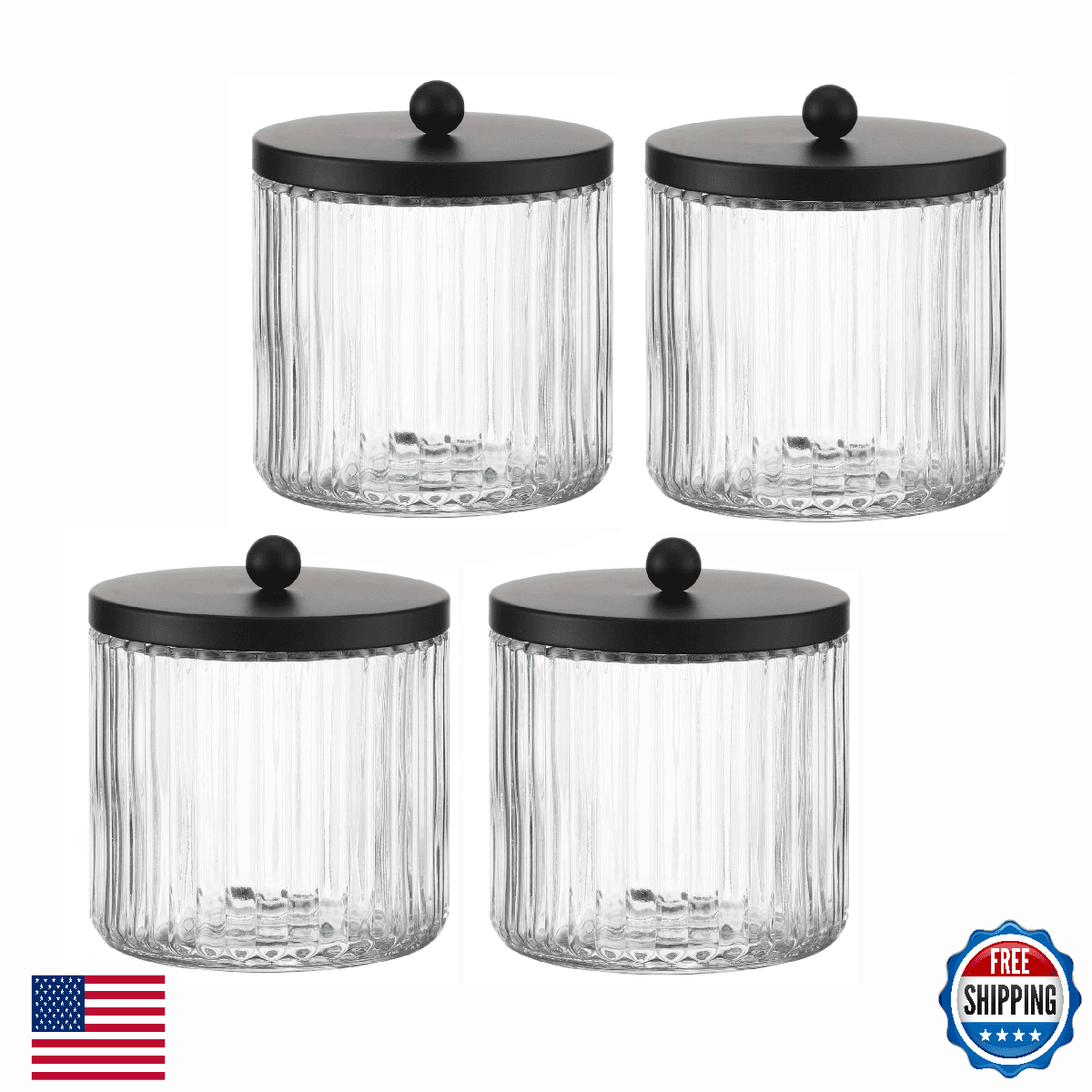 KMwares 4-Pack Glass Qtip Holder Dispenser Set for Cotton Ball, Swab, Round Pads - Image 1