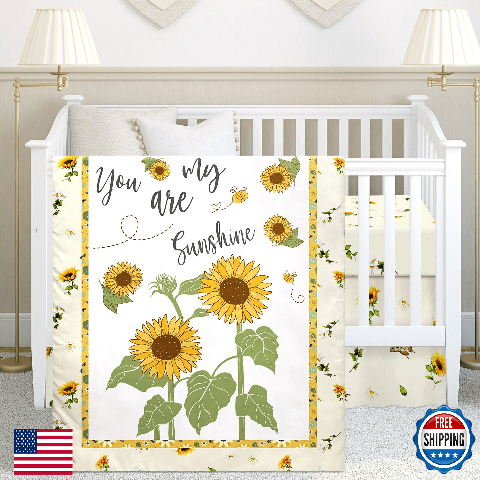 Mixweer 3 Pcs Sunflower Bee Baby Crib Bedding Set Girl Yellow Crib Sheets - Image 1