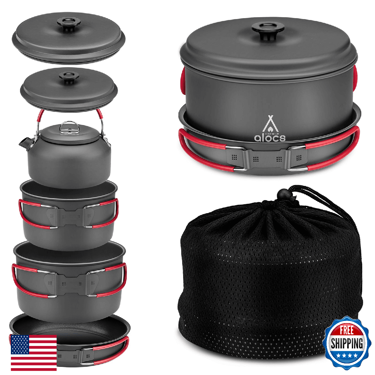 Alocs 4-in-1 Camping Cookware Set: Pots, Pan, Kettle - Durable Hard Anodized - Image 1