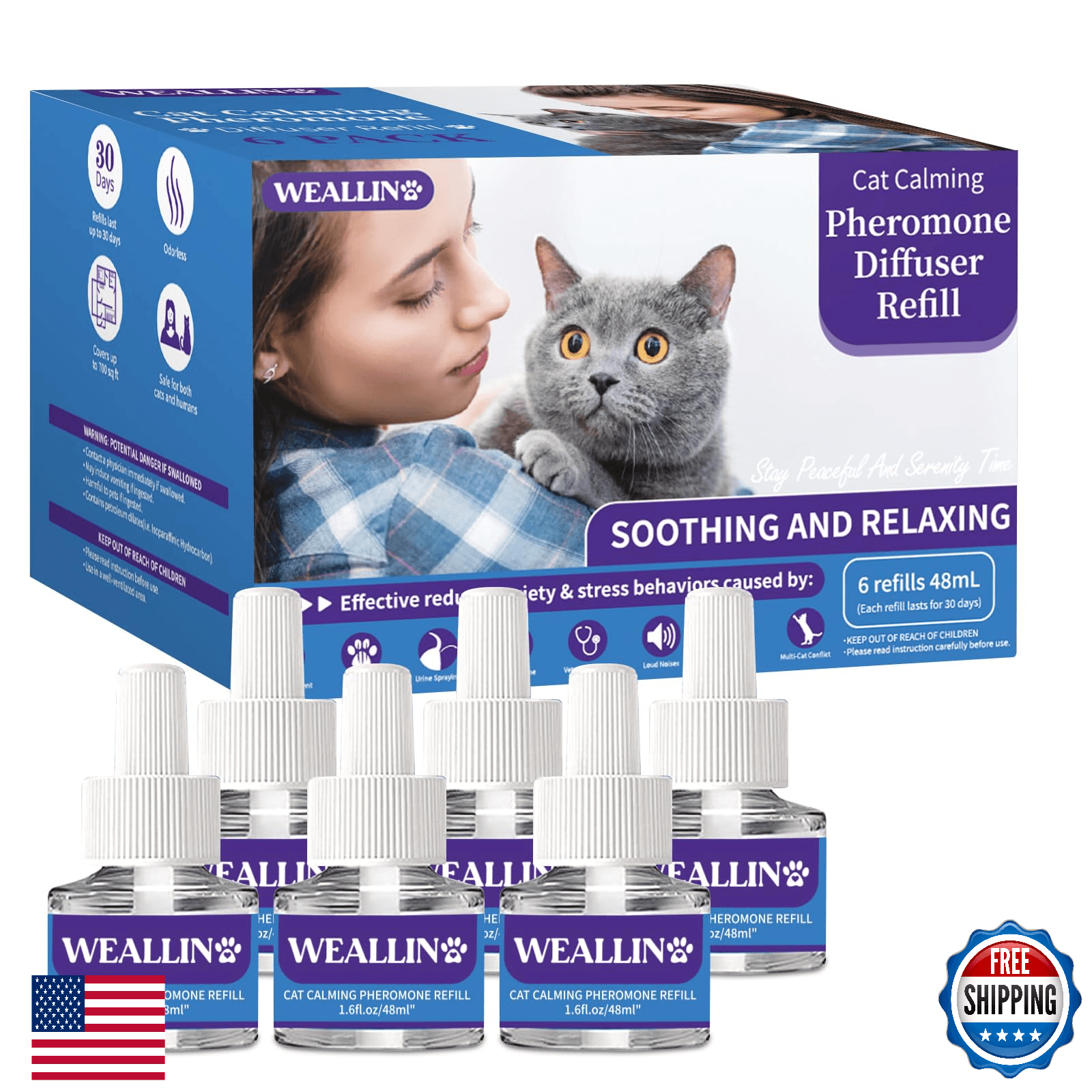 WEALLIN 6 Pack Cat Calming Diffuser Refills - Pheromones for Stress & Anxiety - Image 1