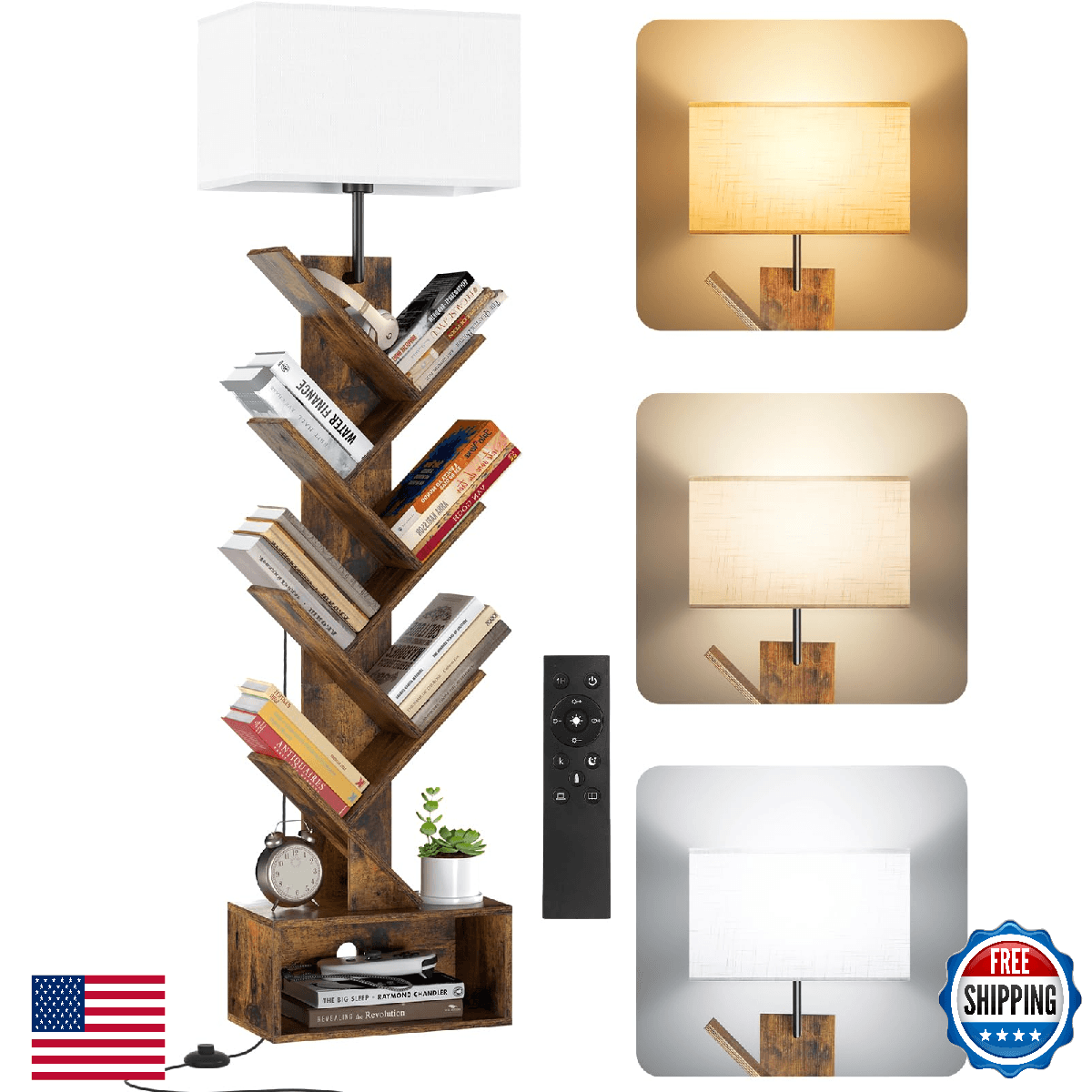 OUTONLIFE 6 Tier Tree Bookshelf with Light, Remote & Timer, Modern Tall Floor St - Image 1