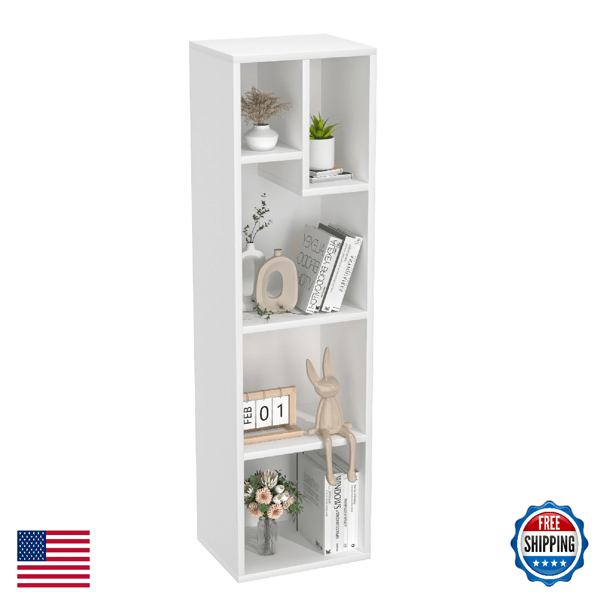 VECELO Small White 5-Cube Slim Bookshelf, Tall Hardcover Bookcase, Horizontal - Image 1