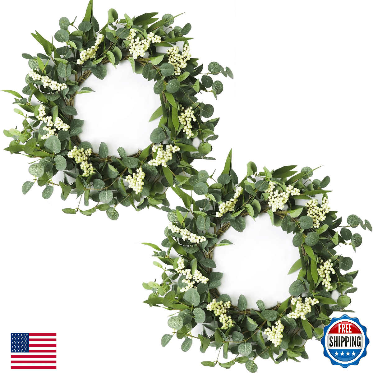 FENYUAN 20" Artificial Eucalyptus Wreath White Berries - All Season Front Door D - Image 1