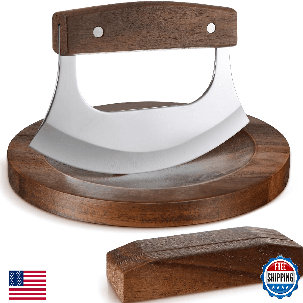 Mezzaluna Ulu Knife & Cutting Board Set - Rocker Chopper Slicer w/ Stand - Image 1