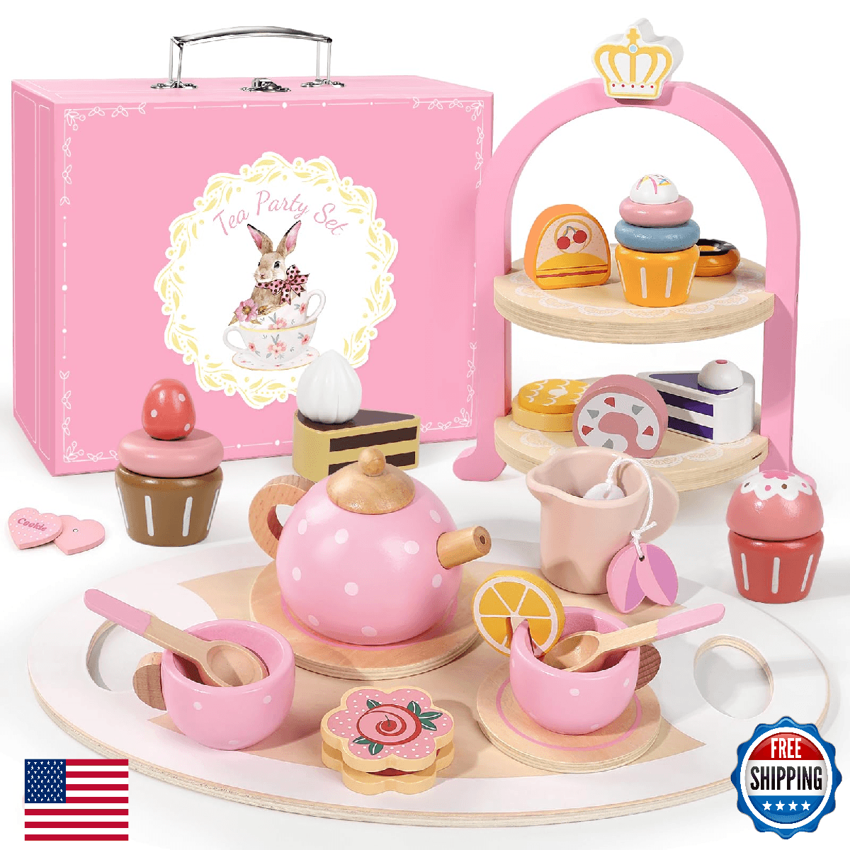 Wooden Tea Party Set for Little Girls, Toddler Girl Gifts Princess Tea Time Toys - Image 1