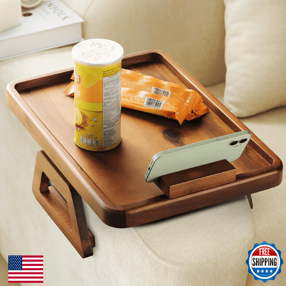Tinamo 15.7"x11" Large Acacia Wood Couch Arm Table w/ 360° Phone Holder - Image 1