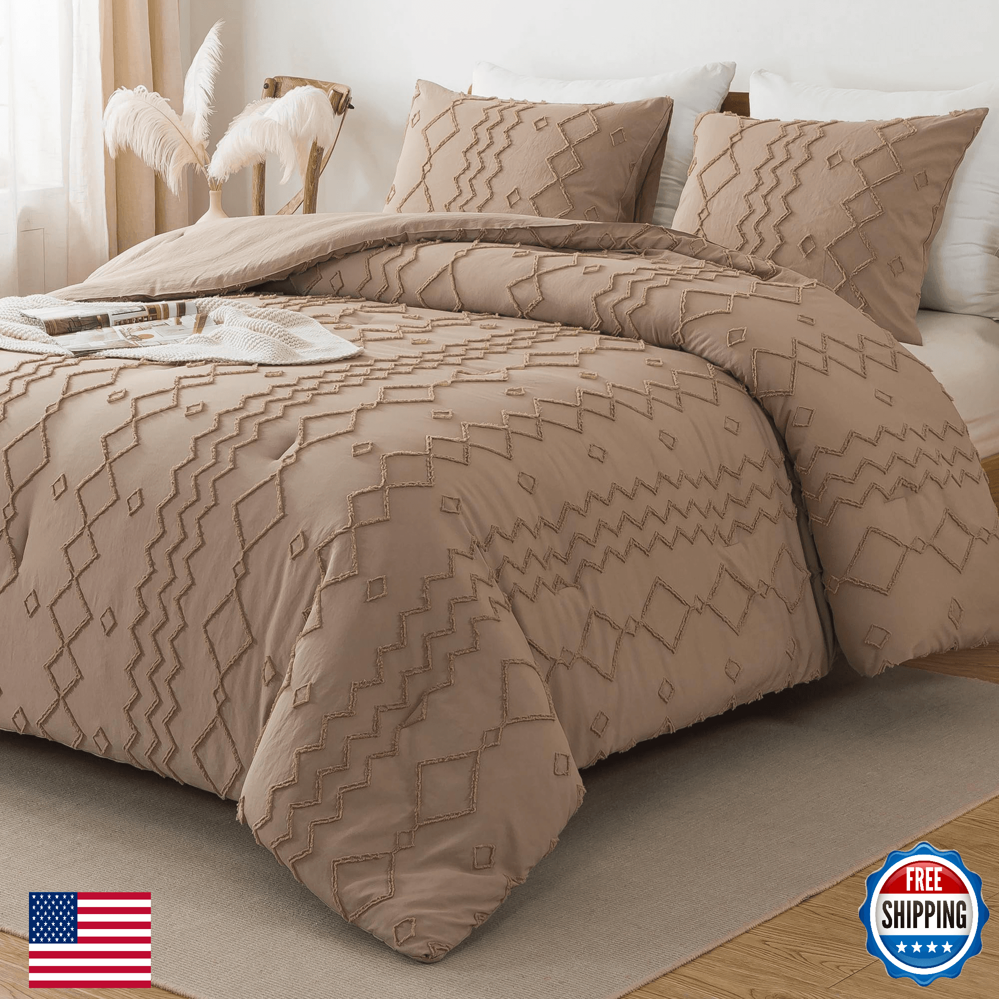 Andency Taupe Tufted Comforter Set Twin, 2pc Boho Bedding - Image 1