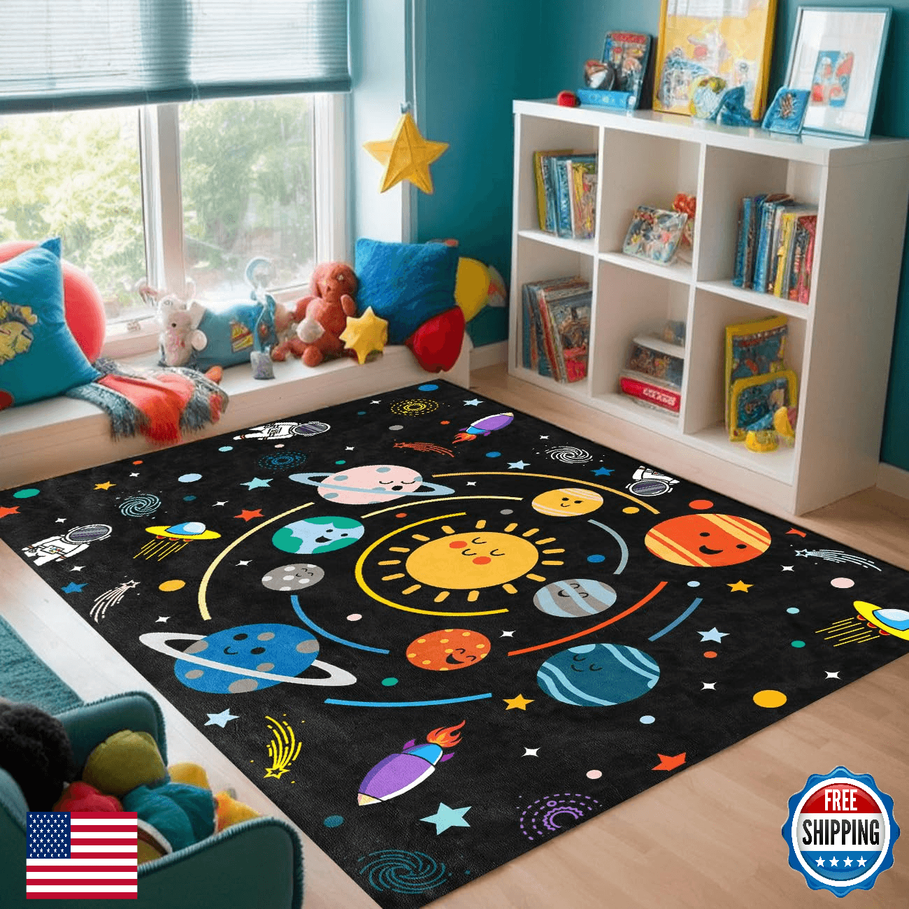 Outer Space Solar System Rug for Kids Room, 3'x4' Non-Slip Planets Play Mat - Image 1