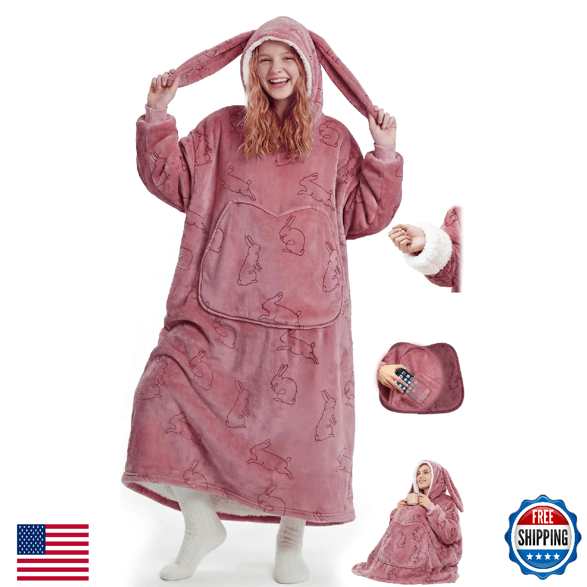 Mewaii Wearable Blanket Hoodie for Adults, Cozy Bunny Ear Sherpa & Flannel Hoode - Image 1