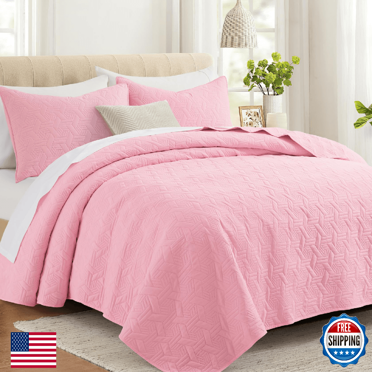 Lavsiry Pink Oversized Cal King Quilt Bedding Set W/ Pillow Shams Summer - Image 1