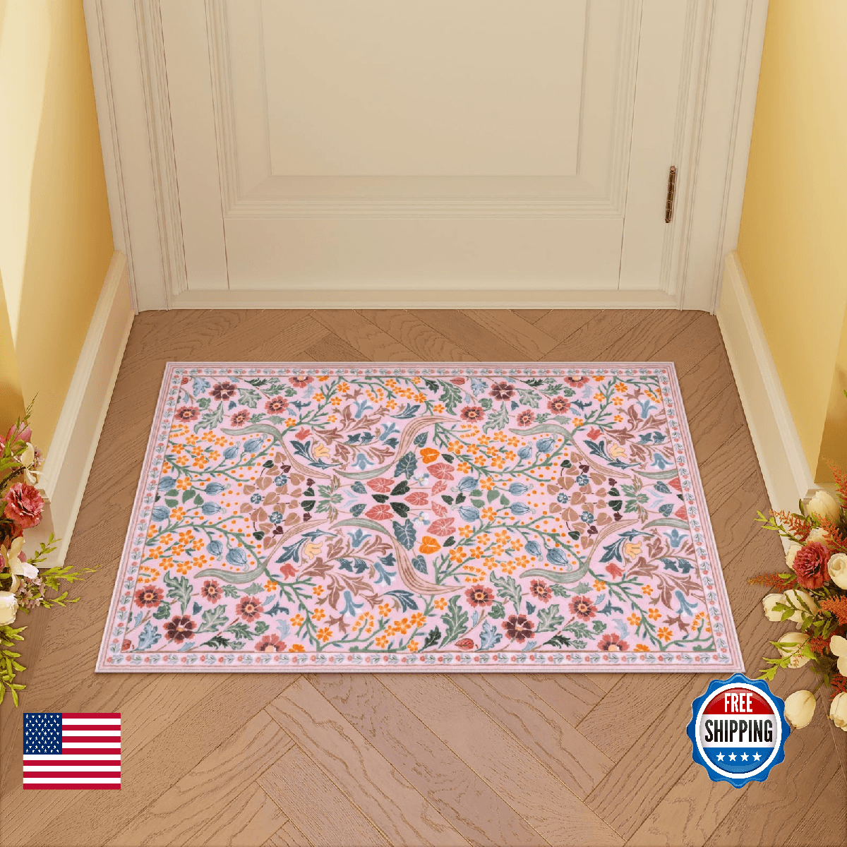 Moynesa Floral Pink Washable Rug 2x3 Boho Non Slip Bedroom Entryway Mat