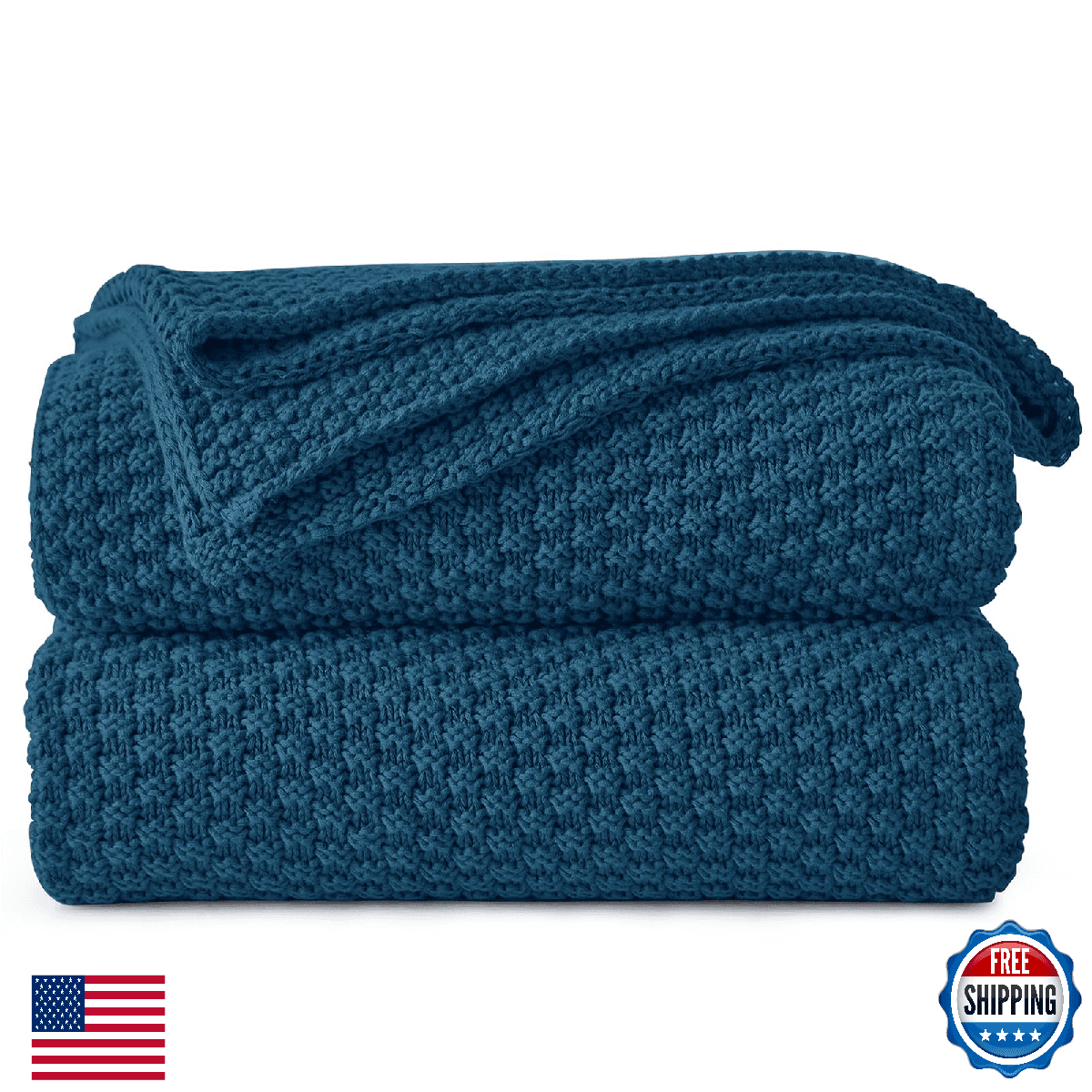 Longhui bedding Blue Knitted Throw Blanket for Couch, Soft, Cozy Machine Washabl