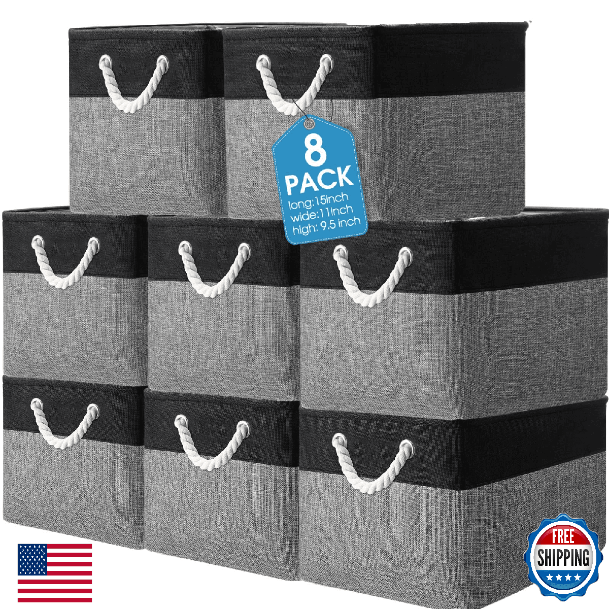 Meekoo 8 Pack Collapsible Fabric Storage Bins Linen Closet Organizer Black Gray