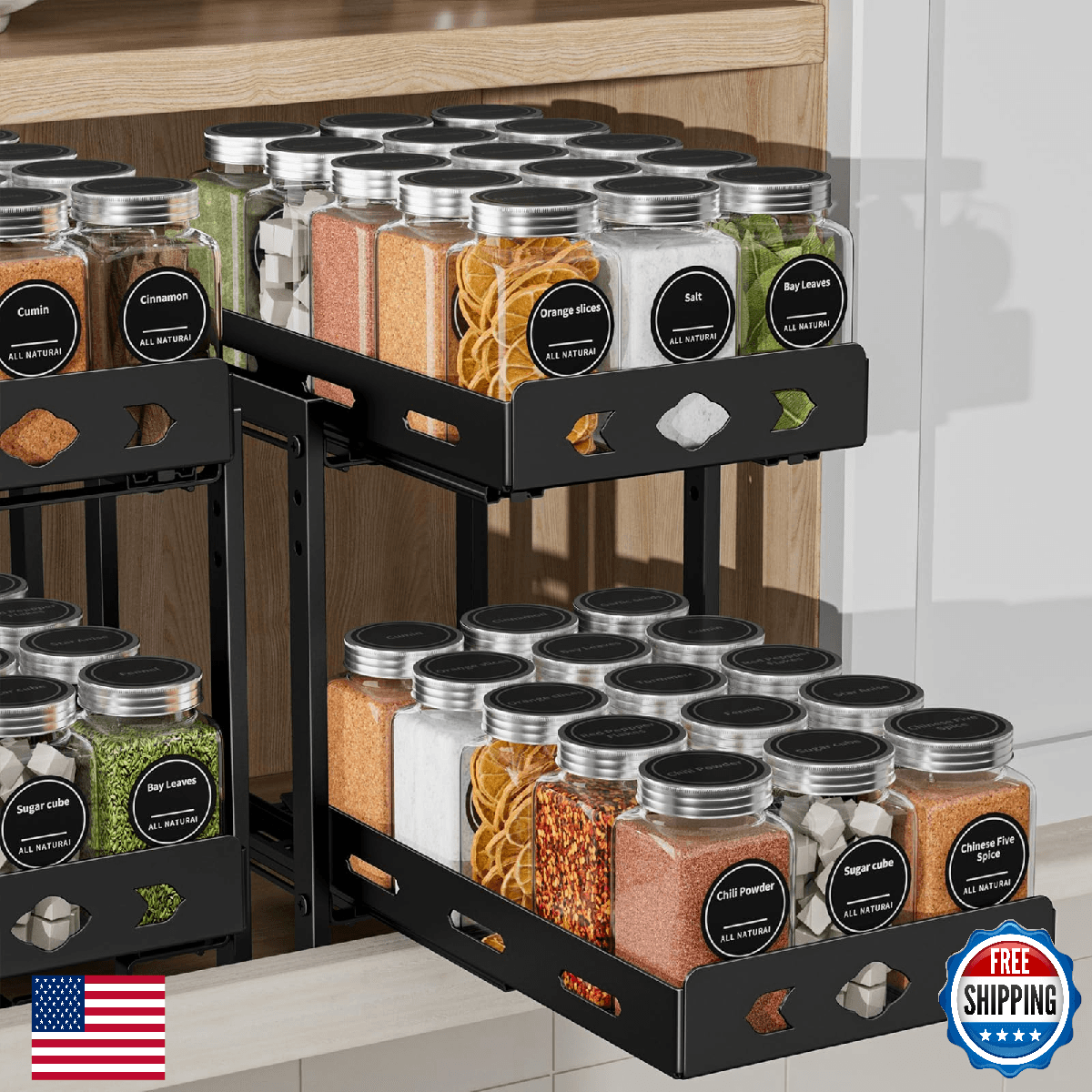 BOIVSHI 2-Tier Pull Out Spice Rack Organizer Cabinet Metal Kitchen Storage - Image 1