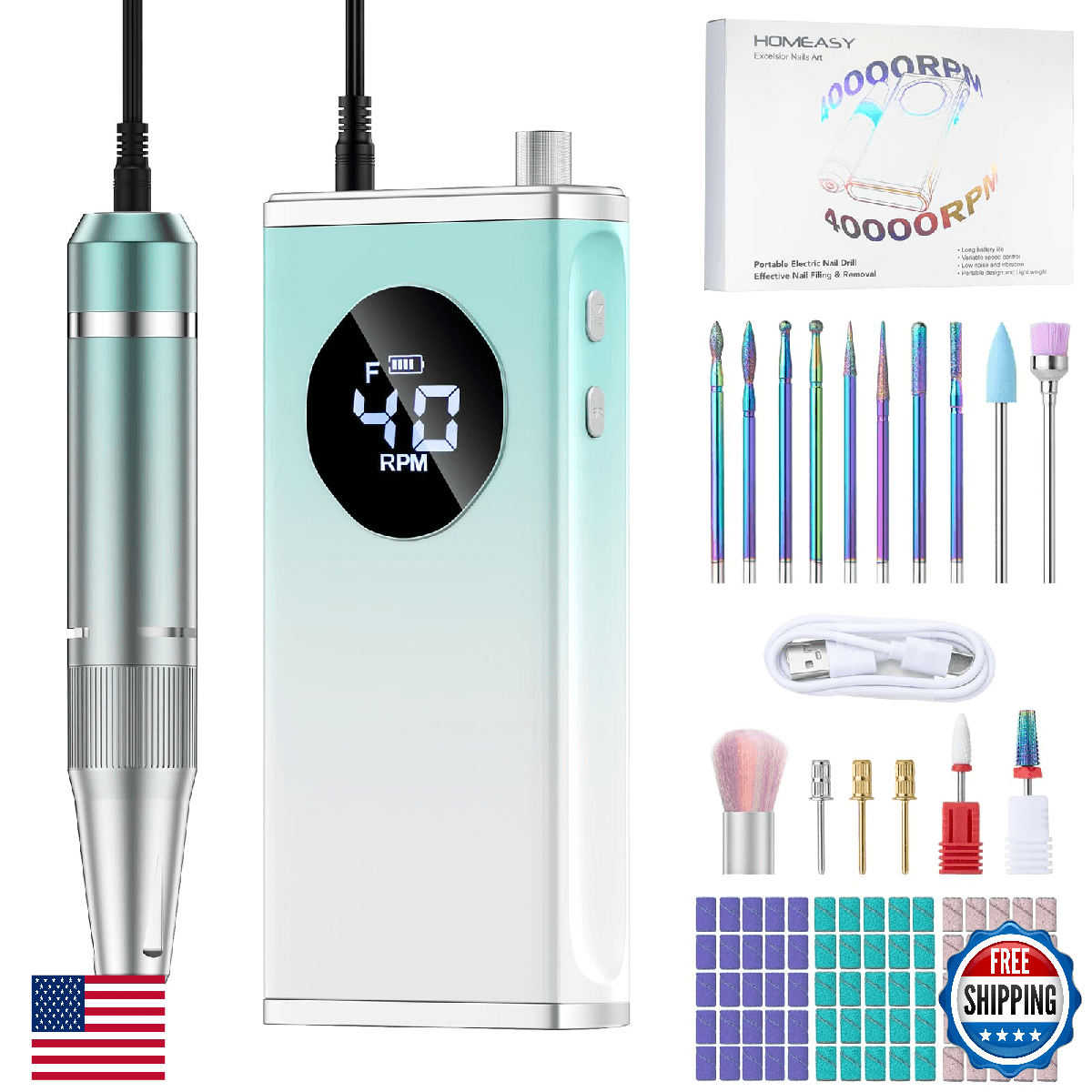HOMEASY Electric Nail Drill, 40000RPM Professional E-Filer Rechargeable with 15 - Image 1