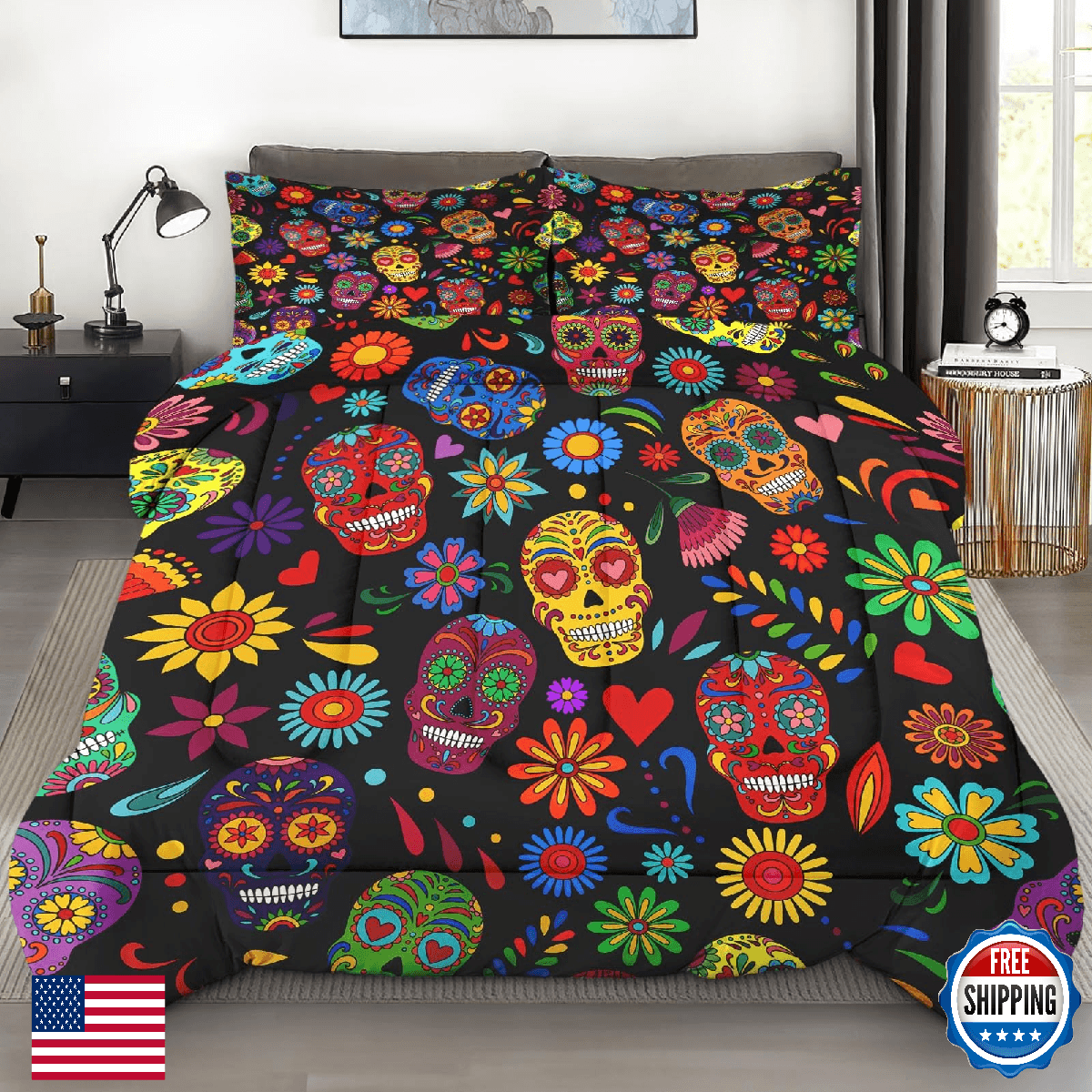 Pamnest Dead Sugar Skull Full Comforter Set, 3 Pcs Soft Microfiber Bedding for K - Image 1