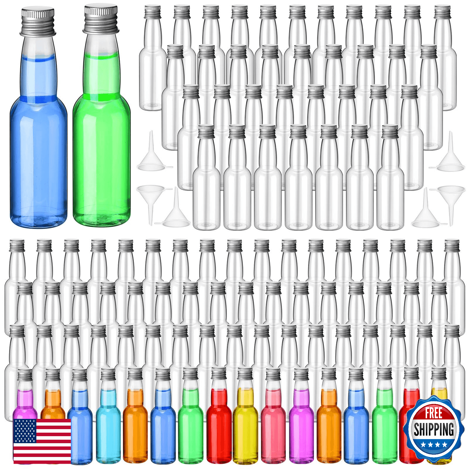 120 Mini Liquor Bottles Empty Plastic Shot Alcohol Spirit + 6 Funnels 100ml - Image 1