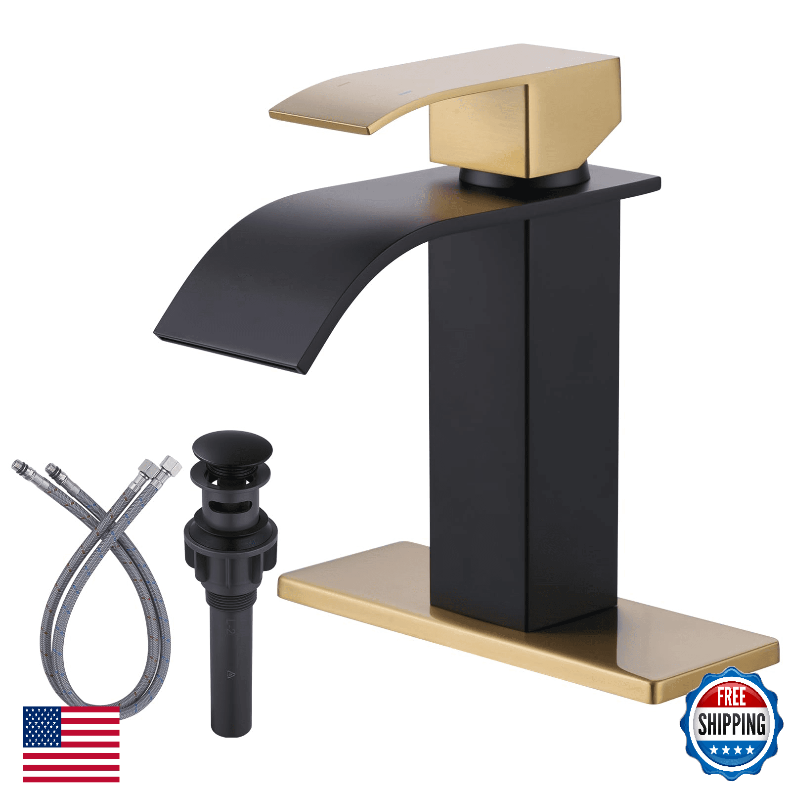 Black & Gold Waterfall Bathroom Faucet, ARCORA Single Handle Sink Faucet - Image 1