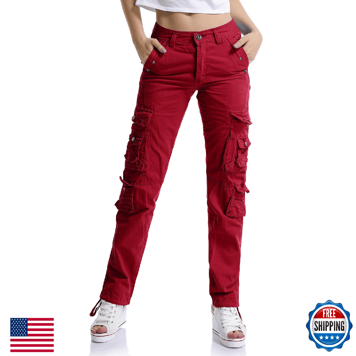 OCHENTA Women's Cotton Cargo Work Pants High Waisted Travel Hiking Baggy - Image 1