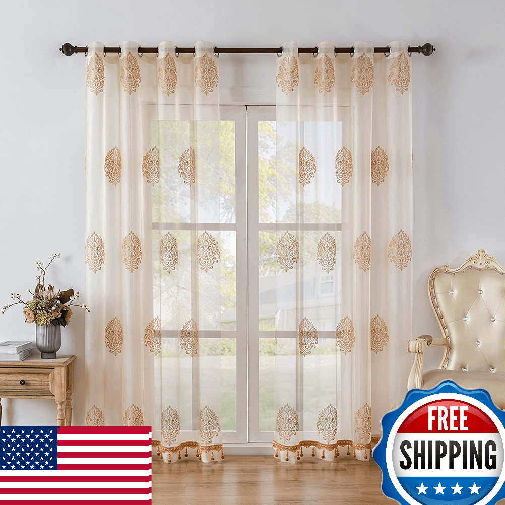 ELKCA Embroidered Sheer Curtains Beads Bedroom Window Tulle Living Room (Set of - Image 1