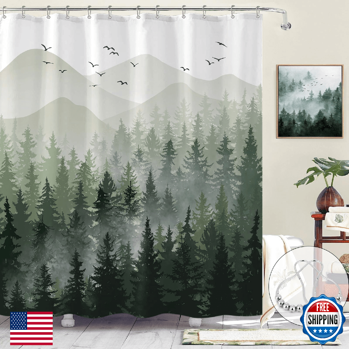 Accnicc Misty Forest Shower Curtain Ombre Sage Green White Waterproof Fabric - Image 1