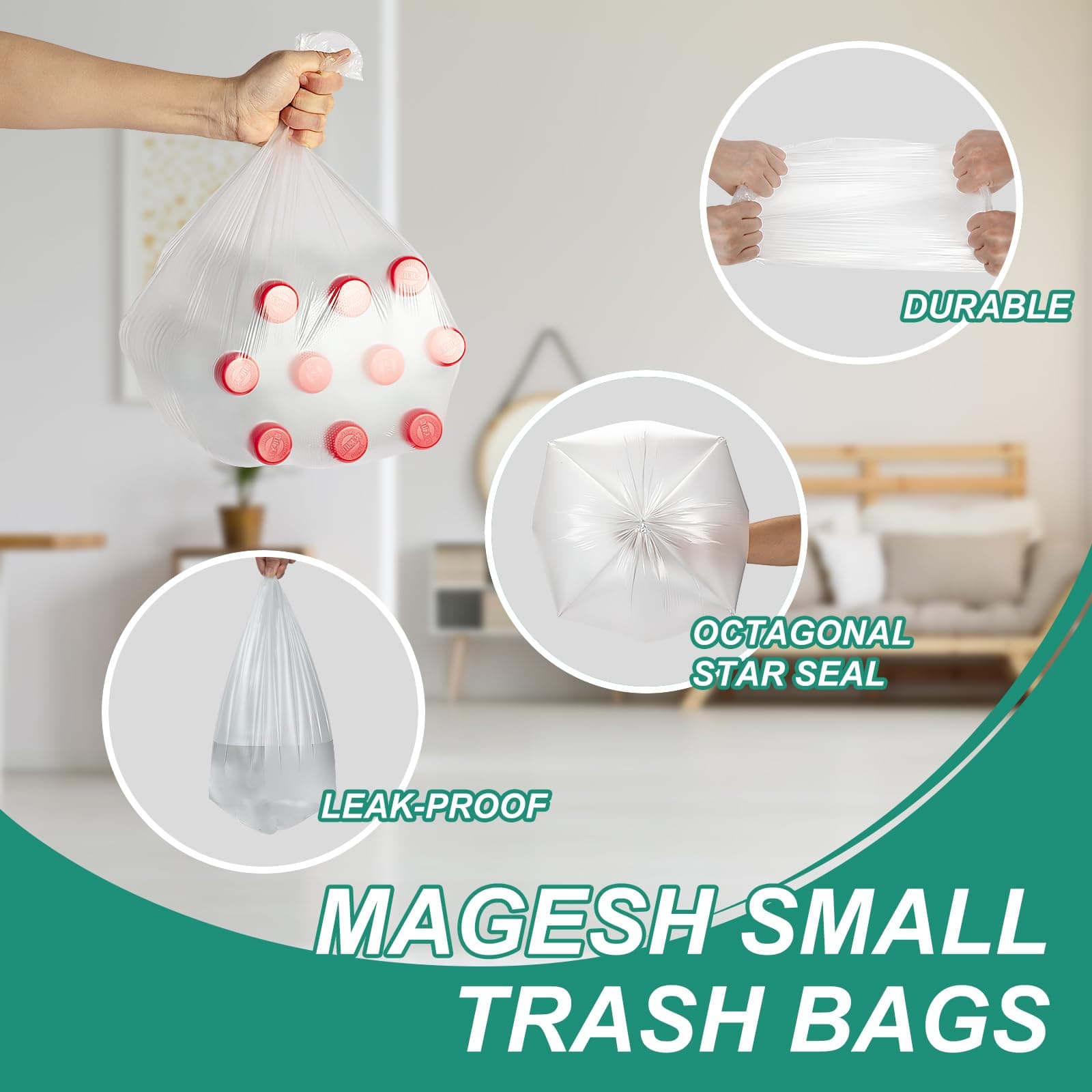 Magesh 4-6 Gallon Trash Bag Strong, Leakage-Free, Small Garbage Bags Unscented T - Thumbnail 3